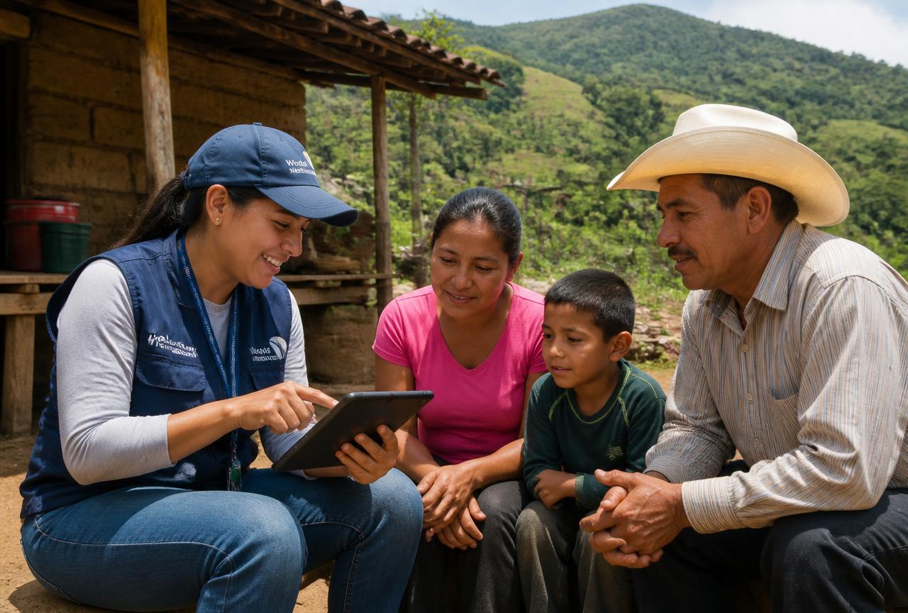 Técnica de campo de OCDIH registrando información con una familia rural en Honduras